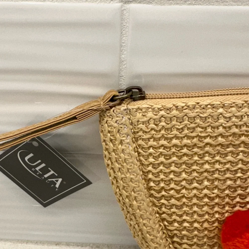 Brand New Ulta Beauty Wooven Half Moon Bag With Pink & Orange Pom Poms